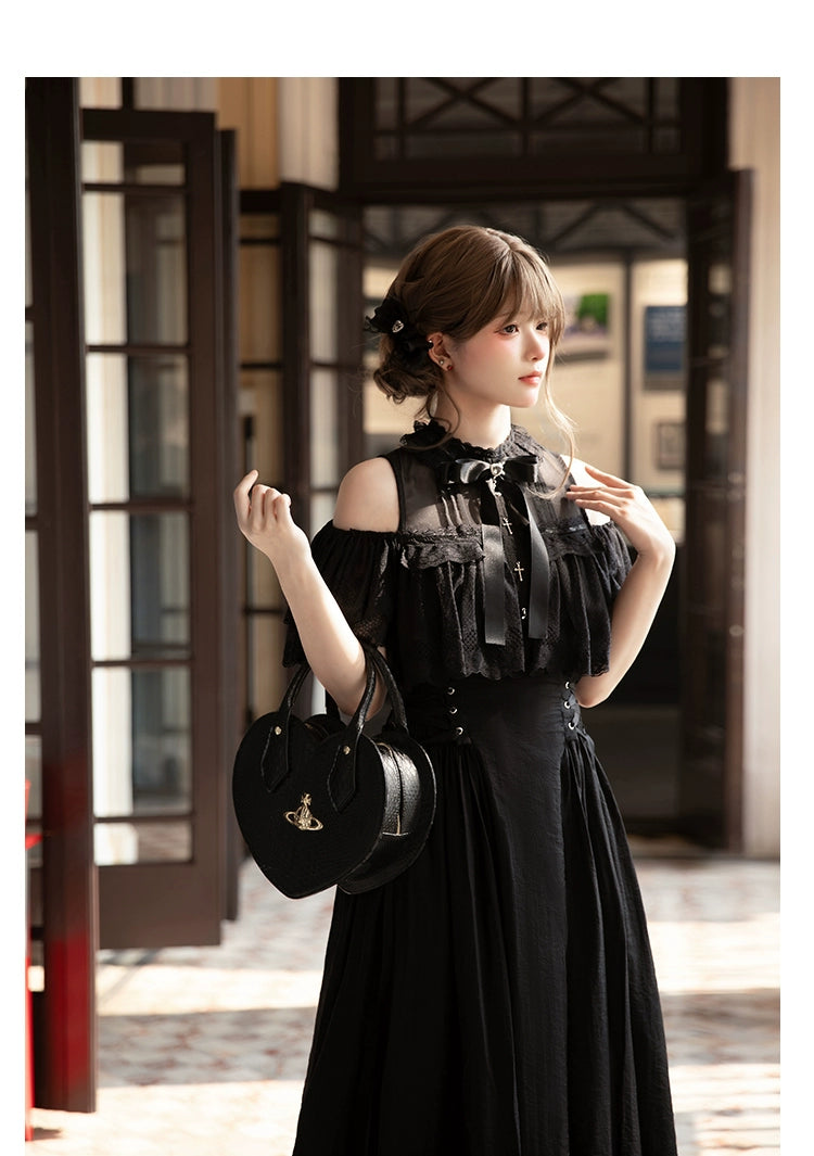 Black / White Jirai Kei Long Dress, Detachable Bow, Cross Detail (L M S) 43510:778767