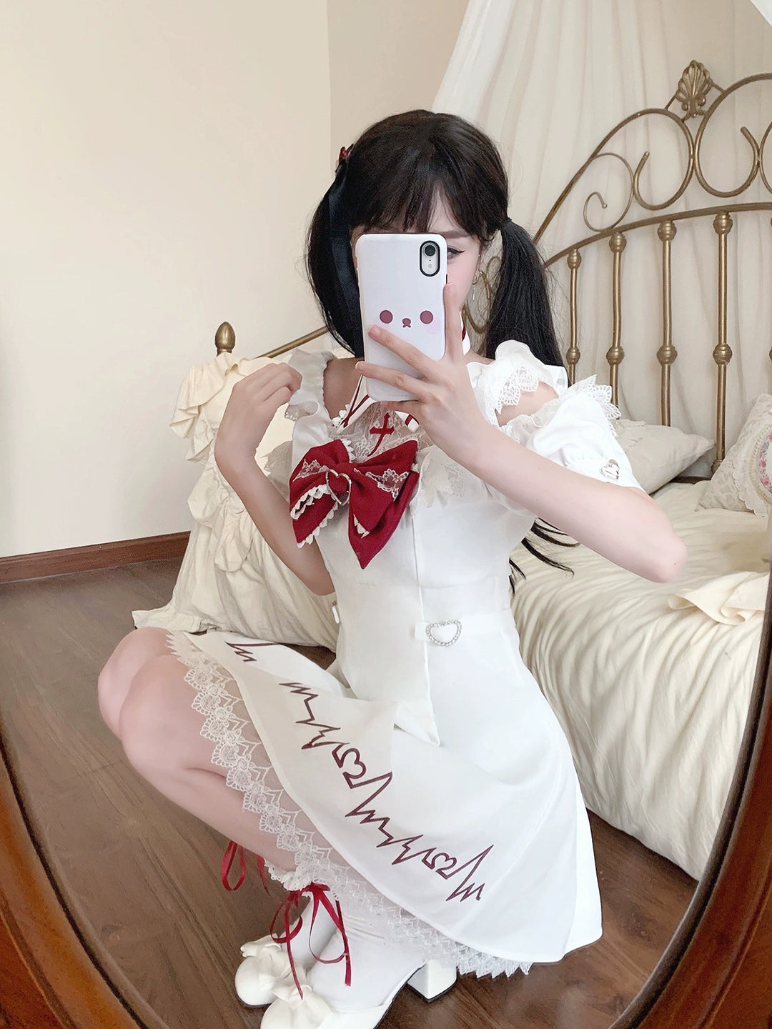 Red and White Yami Kawaii Dress, Lace Halter Neck 43725:783582