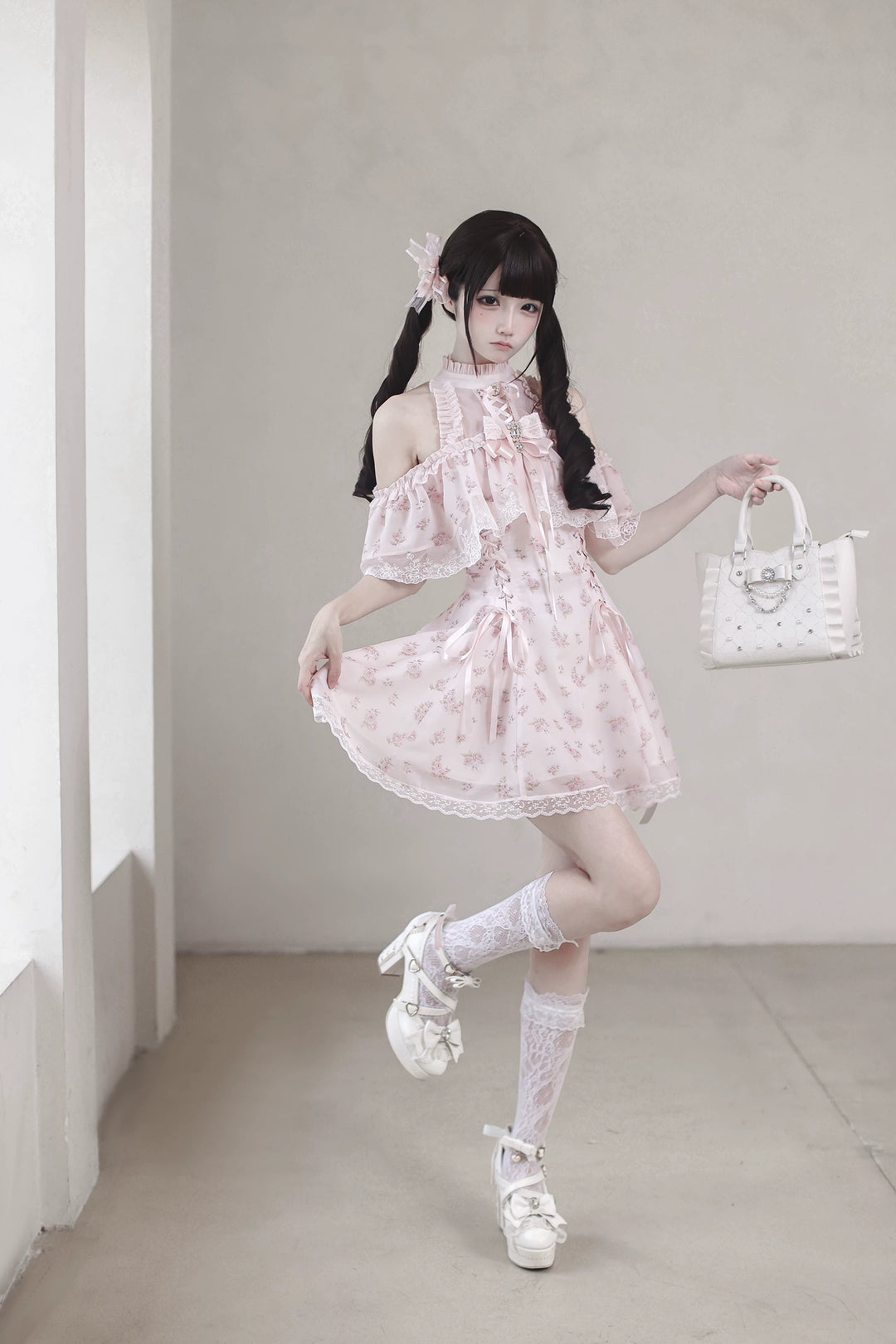 Pink Open Shoulder Ryousangata Dress, Floral Print 45289:846977