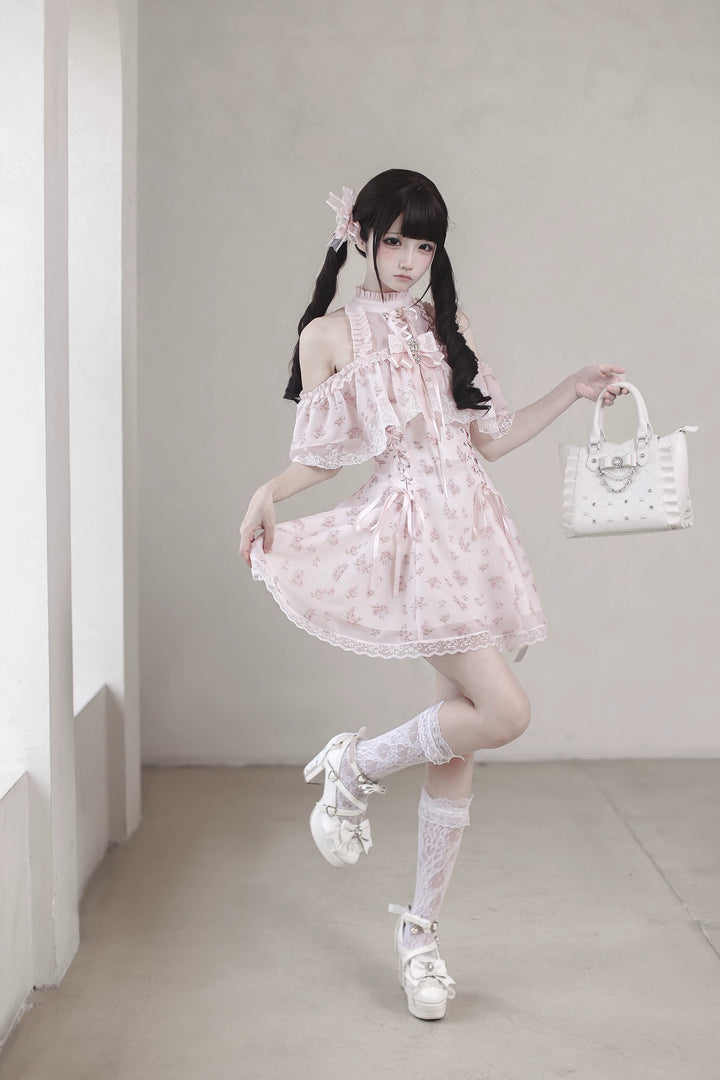Pink Open Shoulder Ryousangata Dress, Floral Print 45289:846977