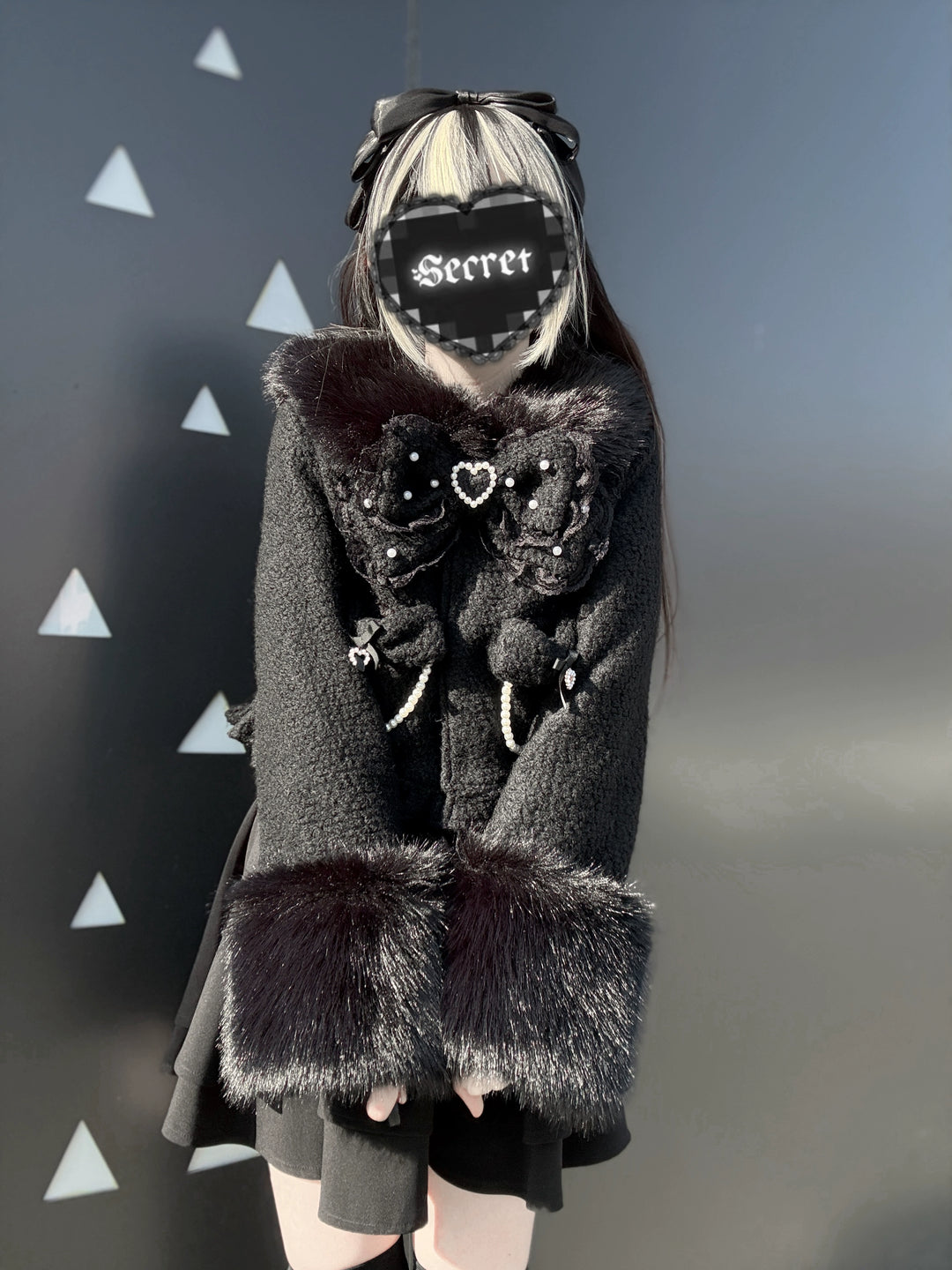 Black Jirai Kei Short Coat, Detachable Faux Fur Collar 44331:805484