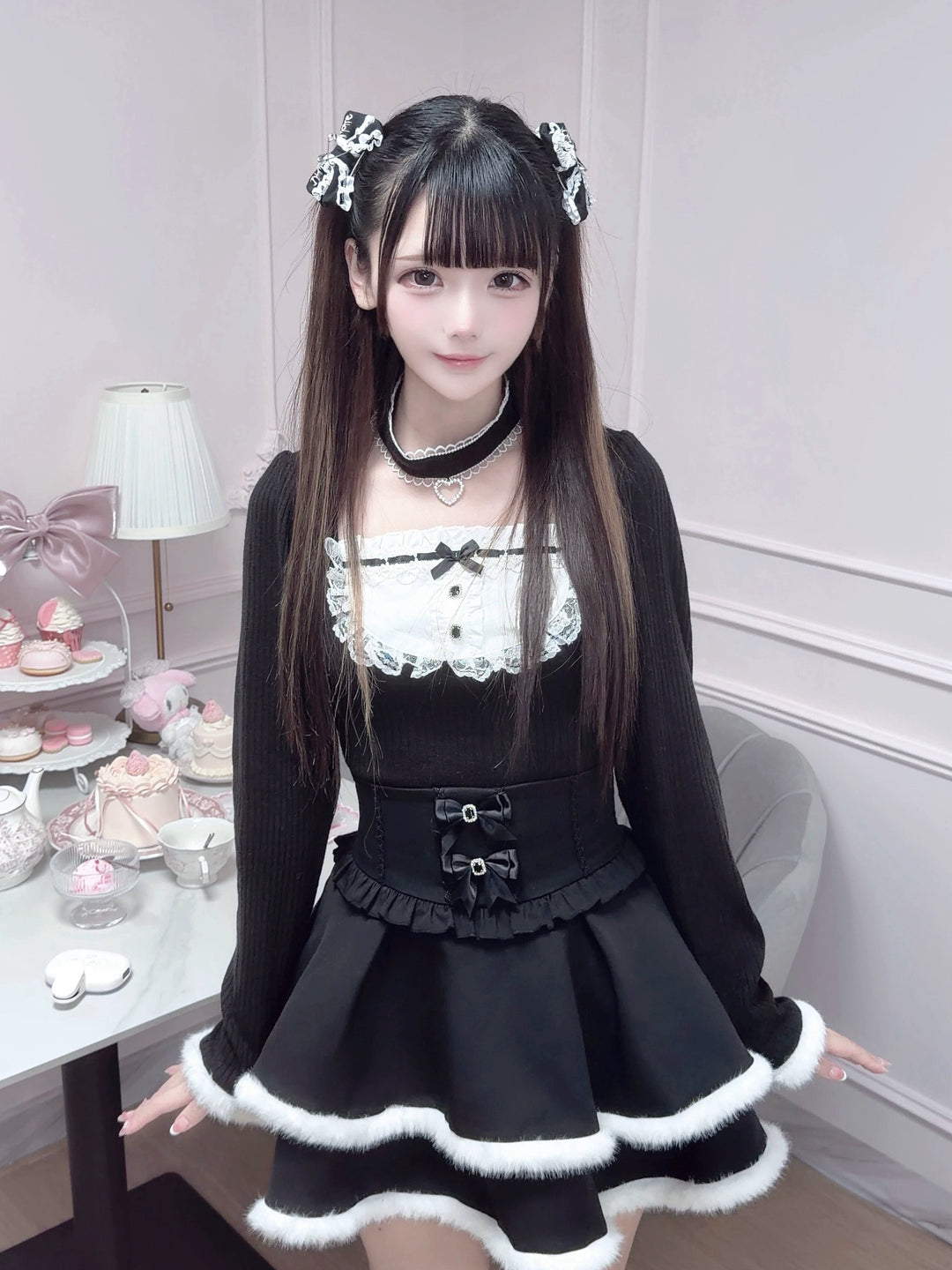 Jirai Kei Black/White Sweater Top with Choker 46104:875354
