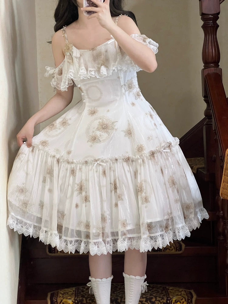 Lolita Dress Sunflower Print JSK White Strap Lolita Dress 36480:545920