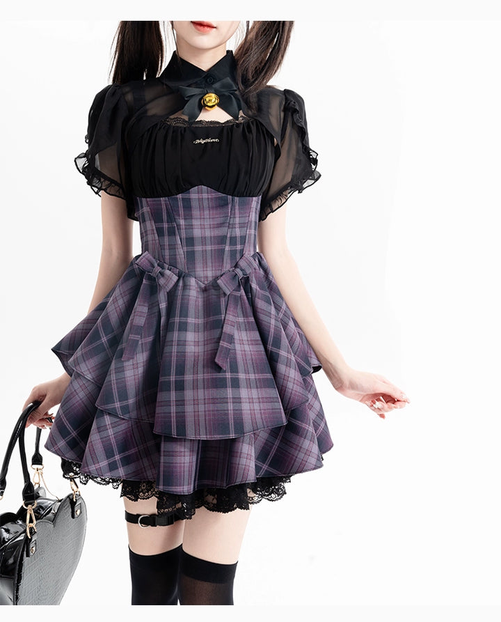 Gyaru Purple Plaid Dress With Lace Trim And Black Bolero (L M S XL) 22508:323418