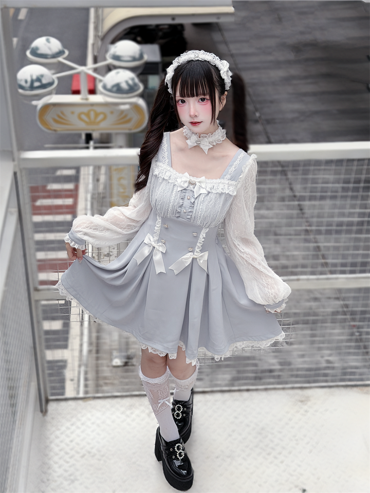 Ryousangata Lace Long Sleeve Dress, Square Neckline 45580:853916
