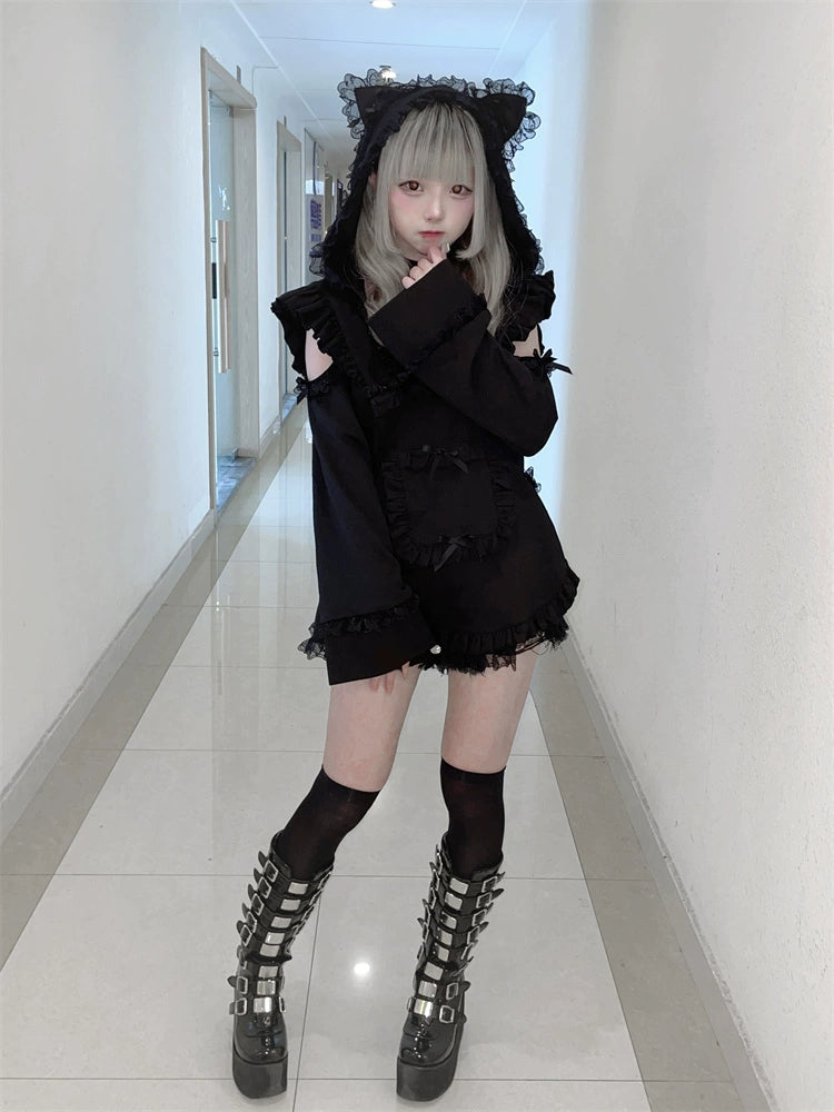 Jirai Kei Black And White Hoodie Cat Ears Hoodie Set (L M S) 35884:522690