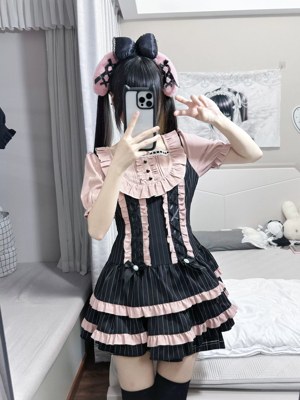 Jirai Kei Low Waist Striped Dress, Detachable Hem Bows 45831:864457