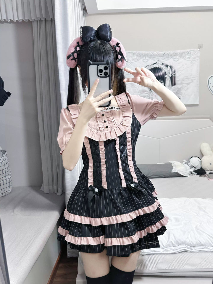 Jirai Kei Low Waist Striped Dress, Detachable Hem Bows 45831:864457