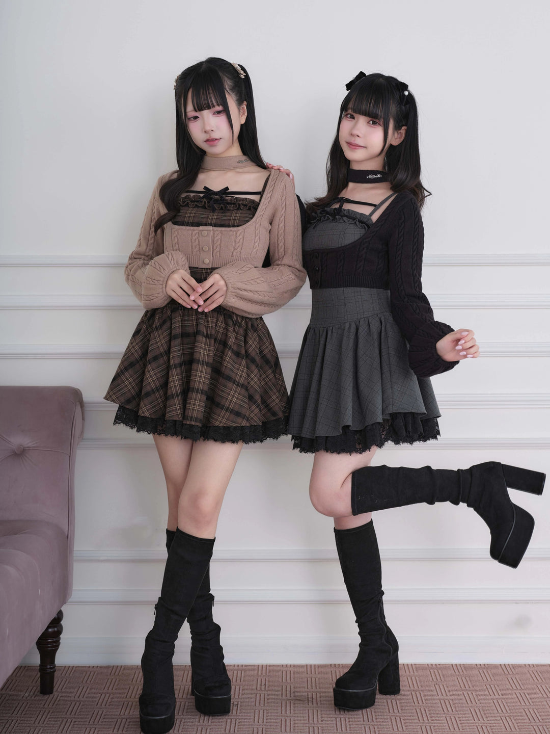 Ryousangata Plaid Dress & Knit Sweater Set, Choker-Neck 46032:873334