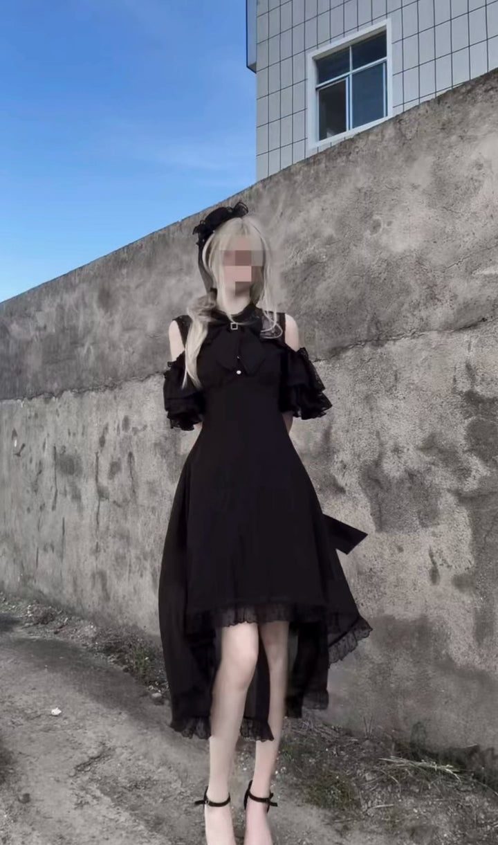 Elegant Long Jirai Kei Dress, Lace Ruffle Open-Shoulder 43651:782322