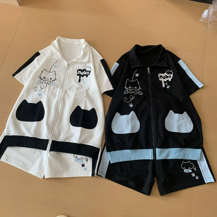 Cat Printed Kawaii Outfit, Zip Up Sweatshirt + Pocketed Shorts (L M S) 43561:779959