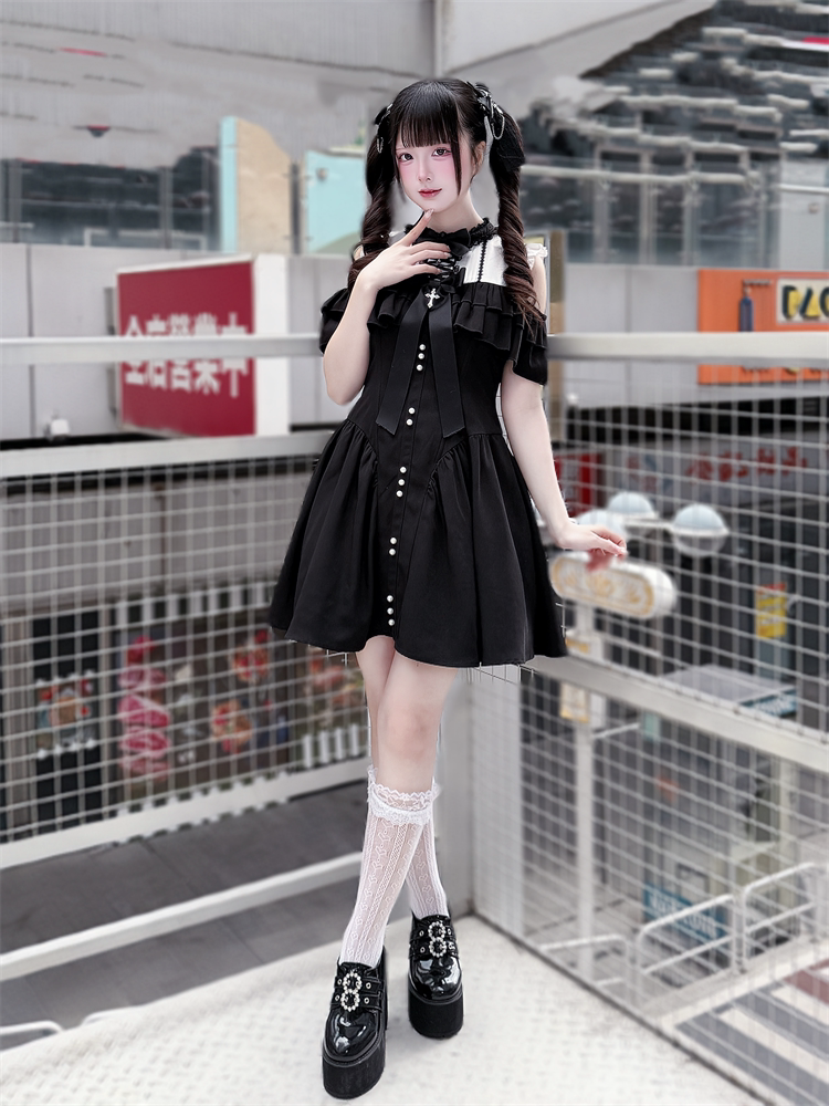 Jirai Kei Open Shoulder Dress, Layered Ruffle 44949:831321