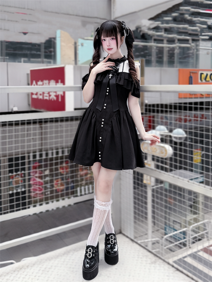 Jirai Kei Open Shoulder Dress, Layered Ruffle 44949:831321