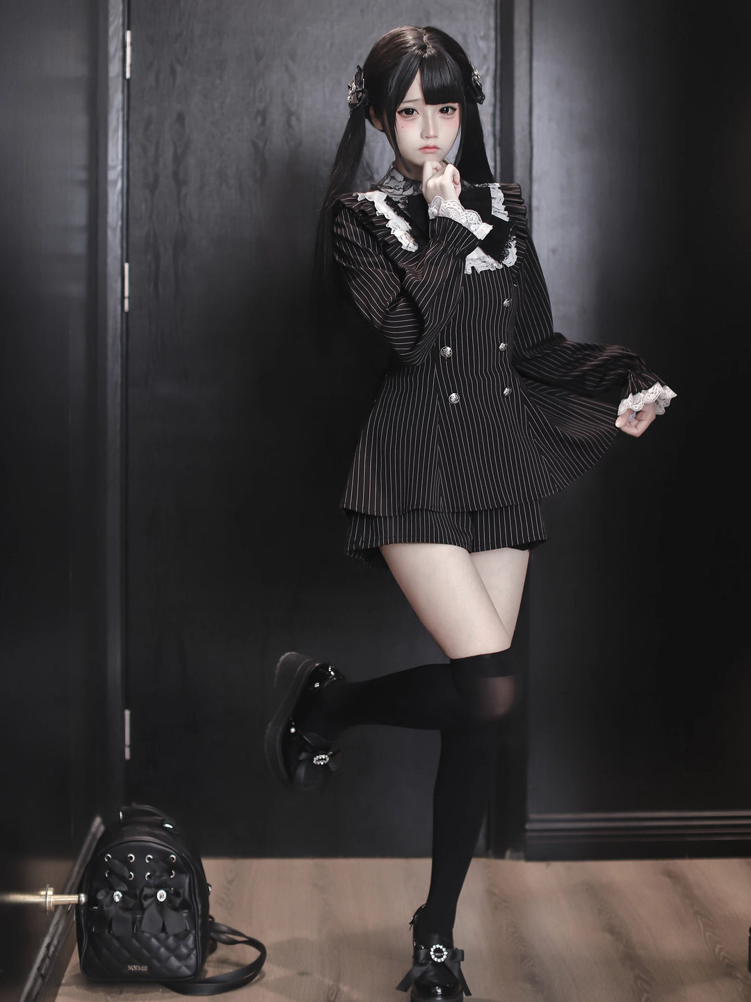Black Striped Jirai Kei Set Up, Waist-cinching Dress 44921:828326