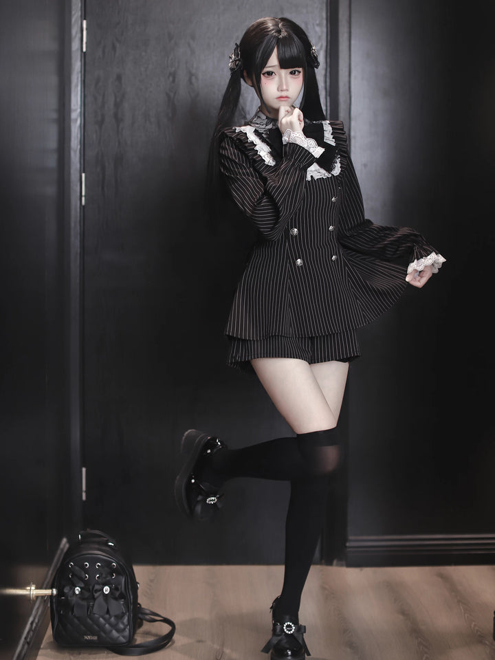 Black Striped Jirai Kei Set Up, Waist-cinching Dress 44921:828326
