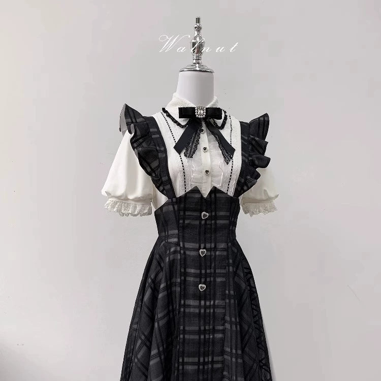 Black Jirai Kei Plaid Suspender Skirt Set with White Blouse 42918:757771