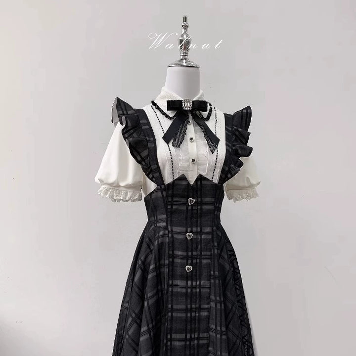 Black Jirai Kei Plaid Suspender Skirt Set with White Blouse 42918:757771