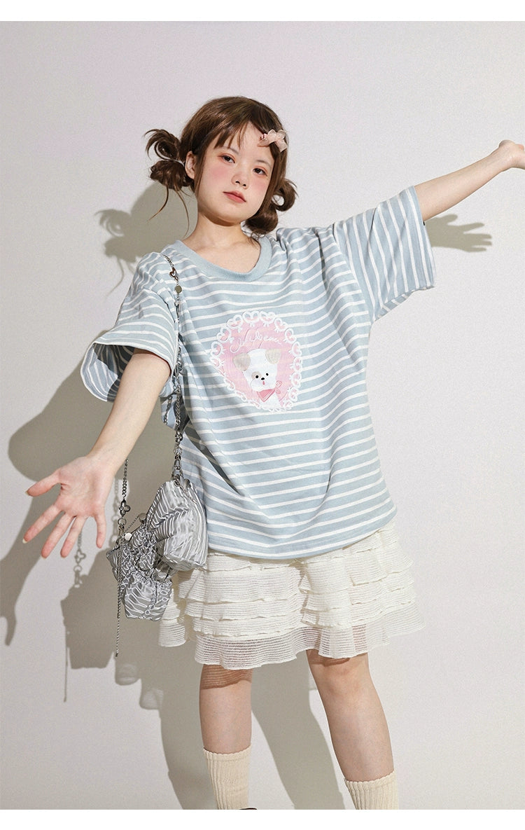Kawaii Aesthetic Shirt Striped Short Sleeve Cotton Top 36562:518390