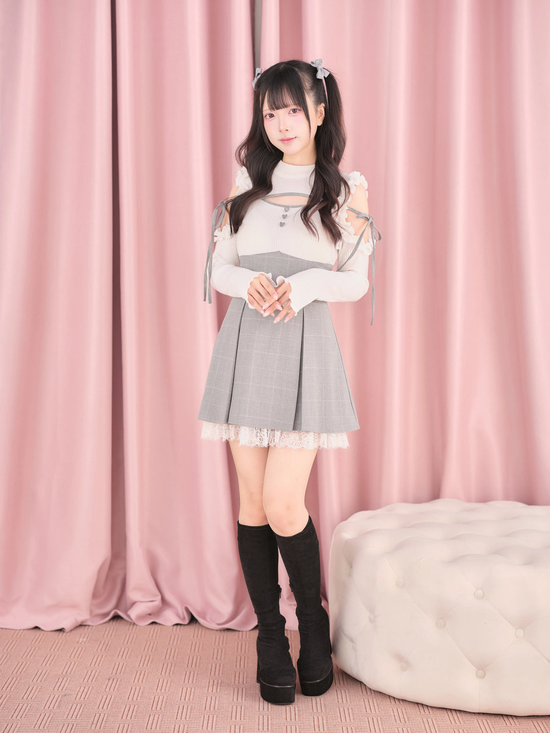 Jirai Kei Open Shoulder Plaid Dress, Chest Cutout 45957:869834