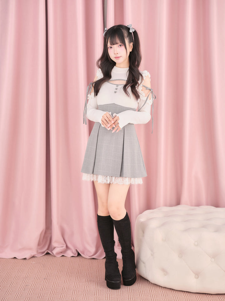 Jirai Kei Open Shoulder Plaid Dress, Chest Cutout 45957:869834