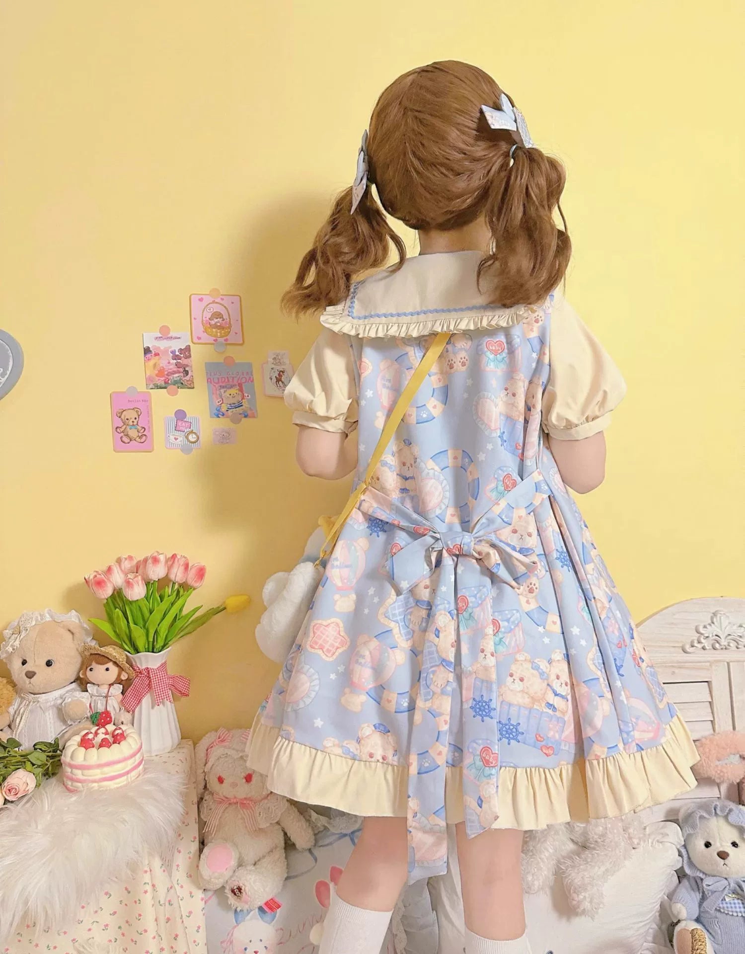 Sweet Lolita Dress Bear Print Jumper Dress Kawaii Salopette 37288:555344