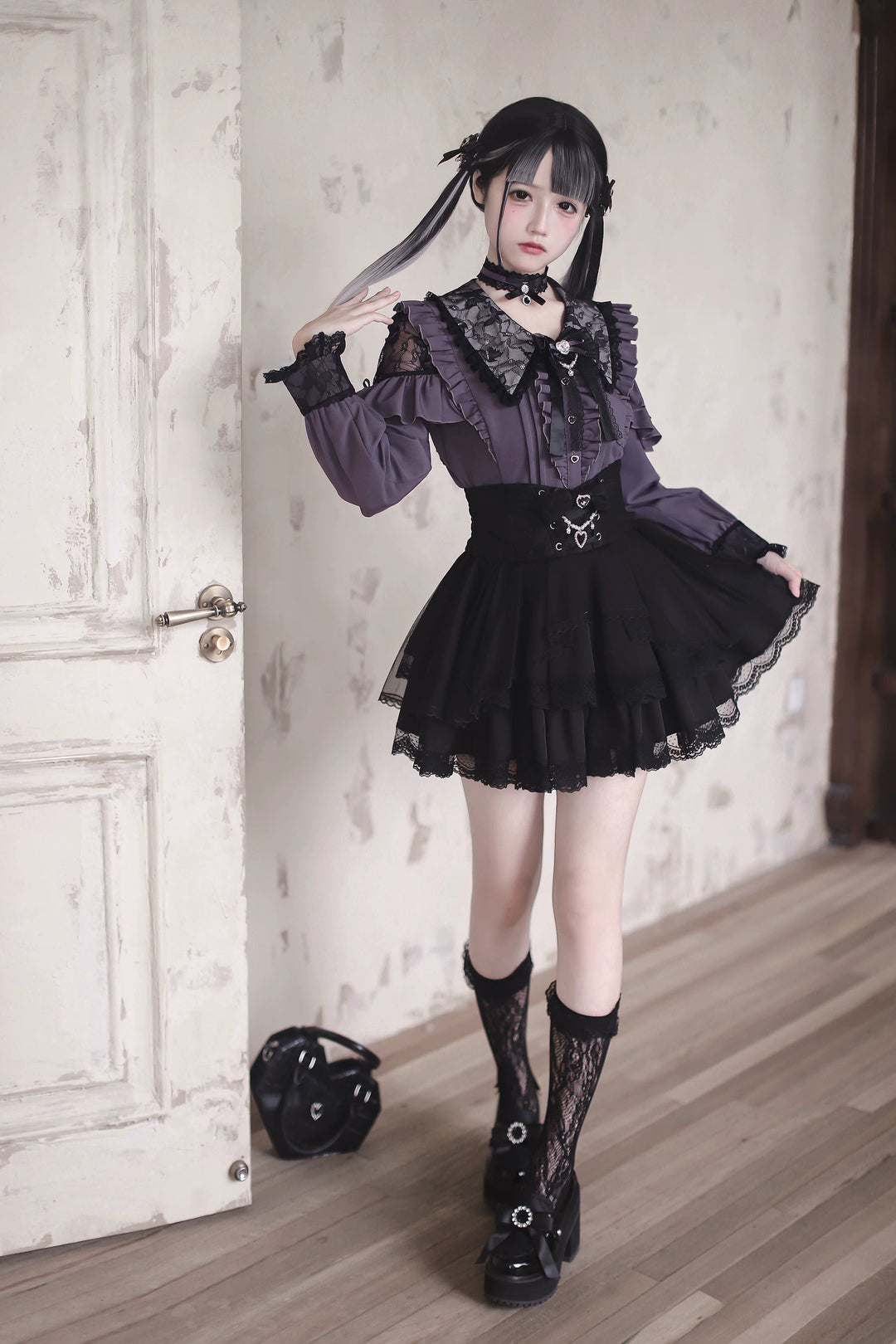 High-waist Jirai Kei Skirt, Pearl & Rhinestone Accents 44782:826640