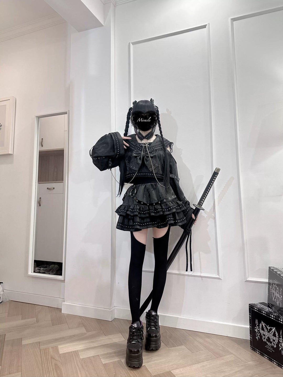 Subculture Black Top & Skirt Set, Snakeskin-Like Style 44771:827688