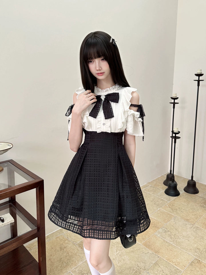 Seiso Kei Open Shoulder Dress, Black Lace Straps 45799:863050