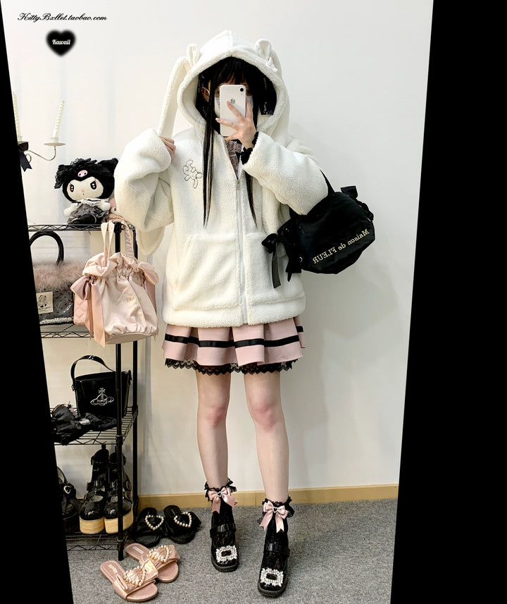 Jirai Kei Coat Zipper Bunny Ears Lamb Fleece Coat 31862:371874