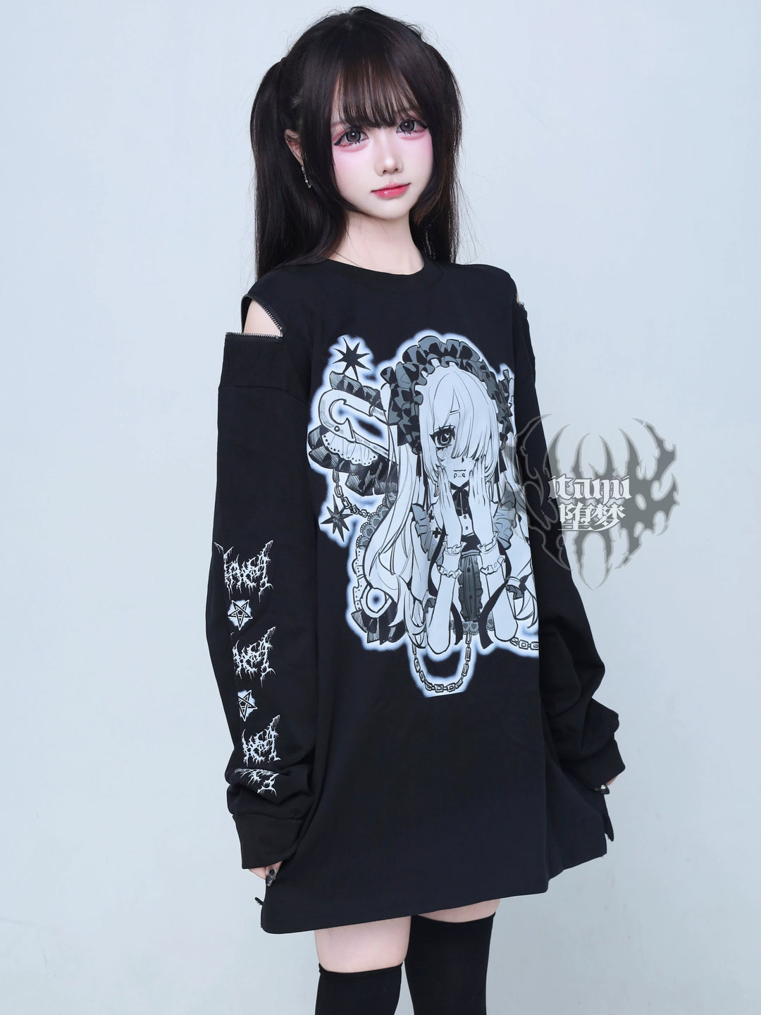 Gothic Long Sleeve Tee, Anime Print and Zipper Shoulder 44521:812665