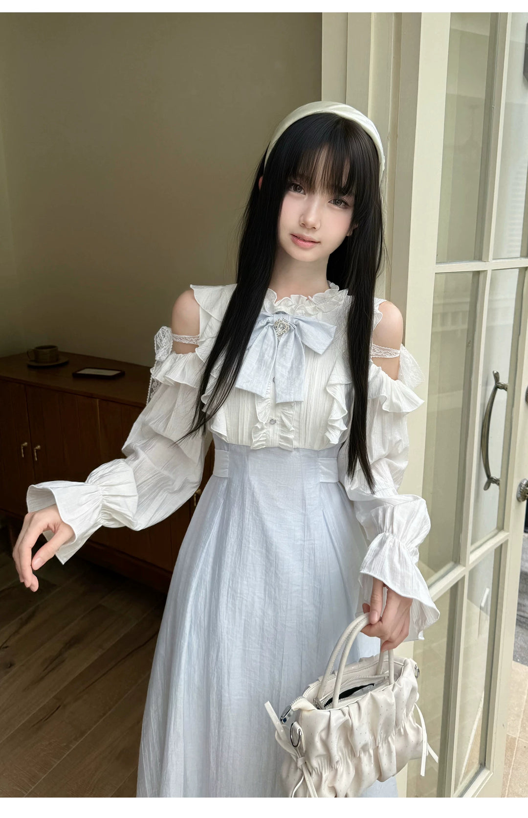 Seiso Kei Open Shoulder Dress, Blue & White Color Spliced 45752:861382