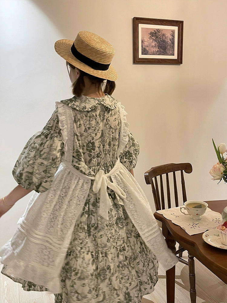 Mori Kei Dress Bubble Sleeve Vintage Green Floral Dress 36552:531172