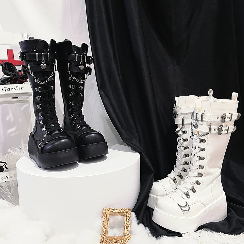 Gothic White Black Platform Boots High-Top Knight Boots 29702:369218