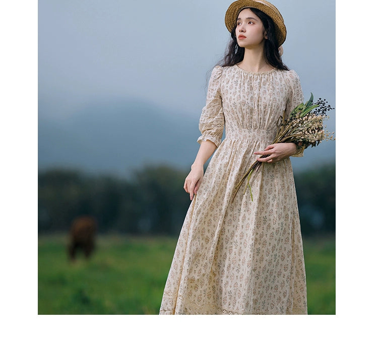 Mori Kei Dress Cottagecore Floral Dress French Artistic Cotton Dress 36340:546898