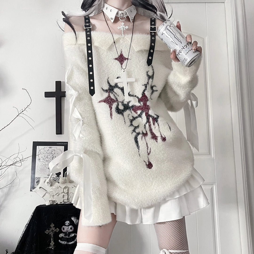 Subculture Open Shoulder Sweater, Butterfly Pattern 44335:804565