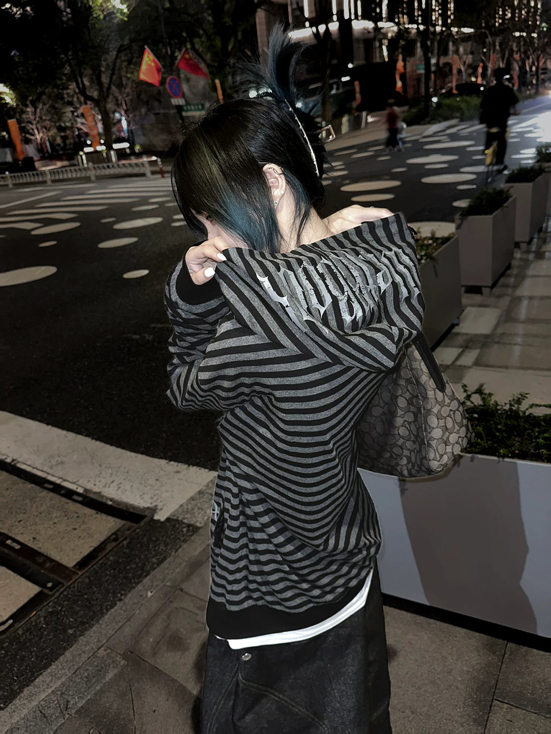 Gothic Striped Zip-Up Hoodie, Cotton for Summer 45270:844652