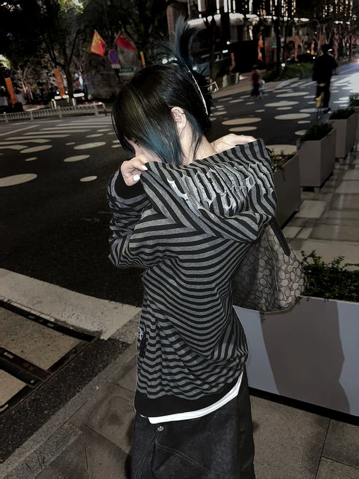 Gothic Striped Zip-Up Hoodie, Cotton for Summer 45270:844652