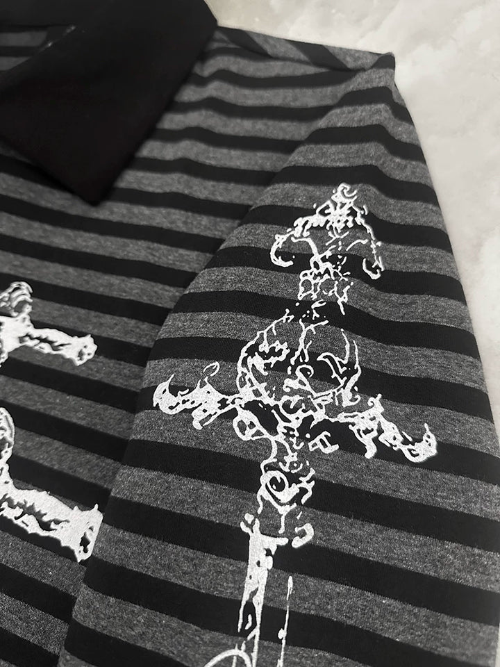 Gothic Striped Long Sleeve Polo Shirt, Carved Swords Print 46067:874783