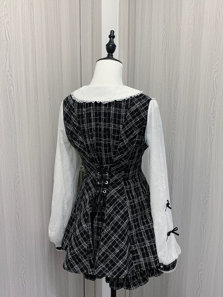 Jirai Kei Dress Black White Check Double Layer Sleeves Short Set 40140:658040