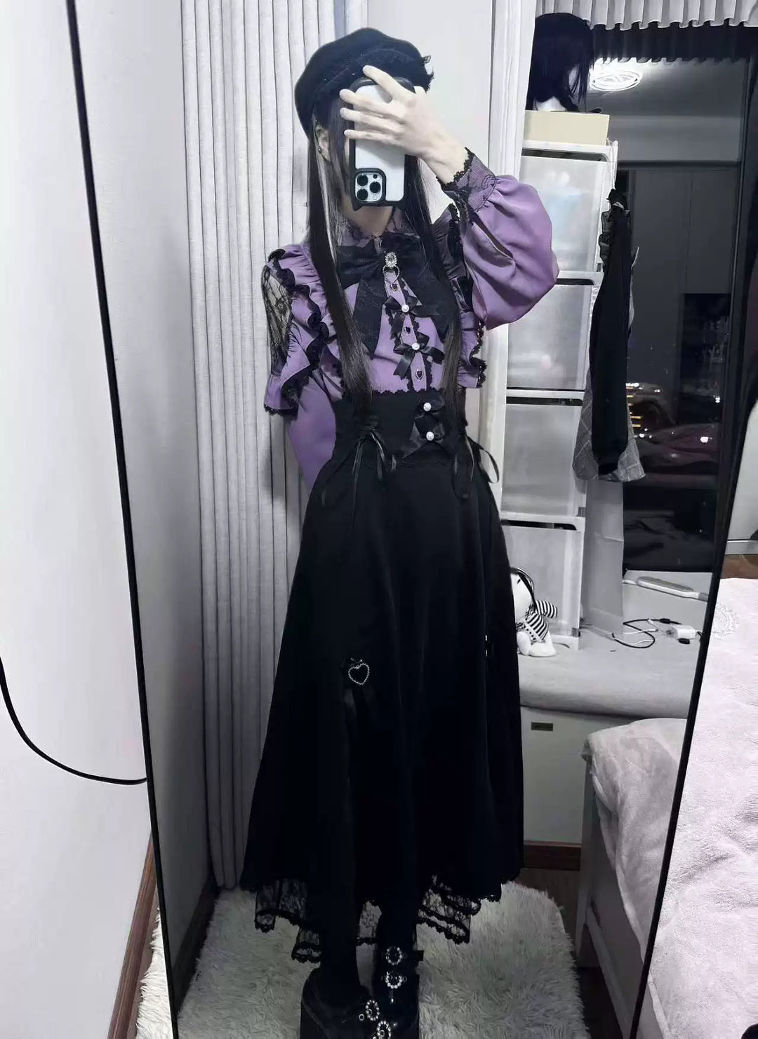 Purple Jirai Kei Blouse, Lace Trim and Detachable Bows 44666:818549