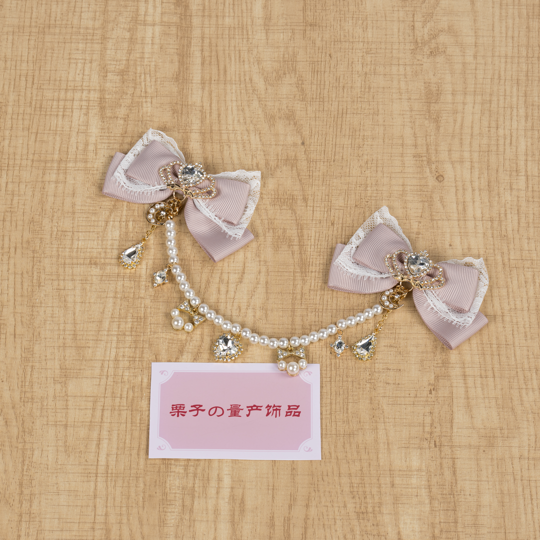 Jirai Kei Bow Hair Clips, Rhinestone Crown and Pearl Chain 44194:802728