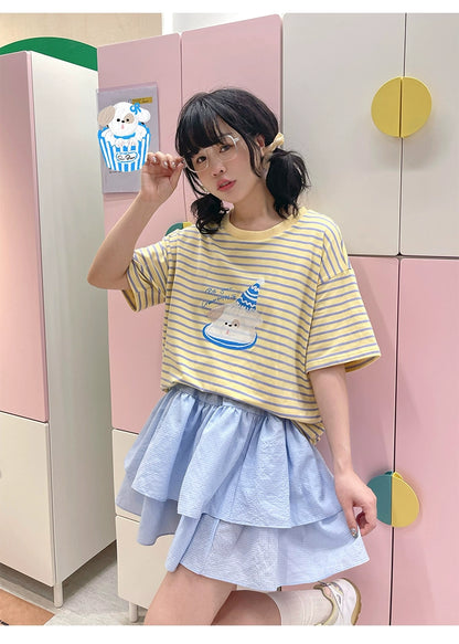 Kawaii Aesthetic Shirt Striped Short Sleeve Cotton Top 36562:518526