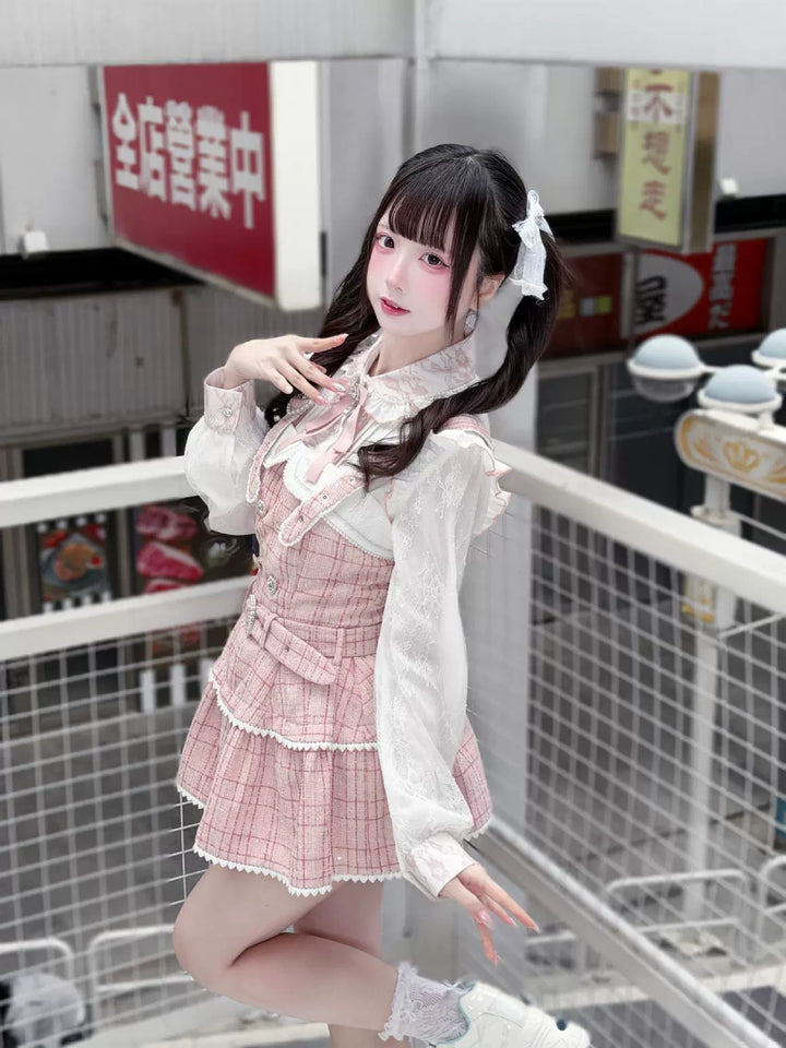 Tweed-like Jirai Kei Suspender Skirt, Matching Shorts 44178:799981