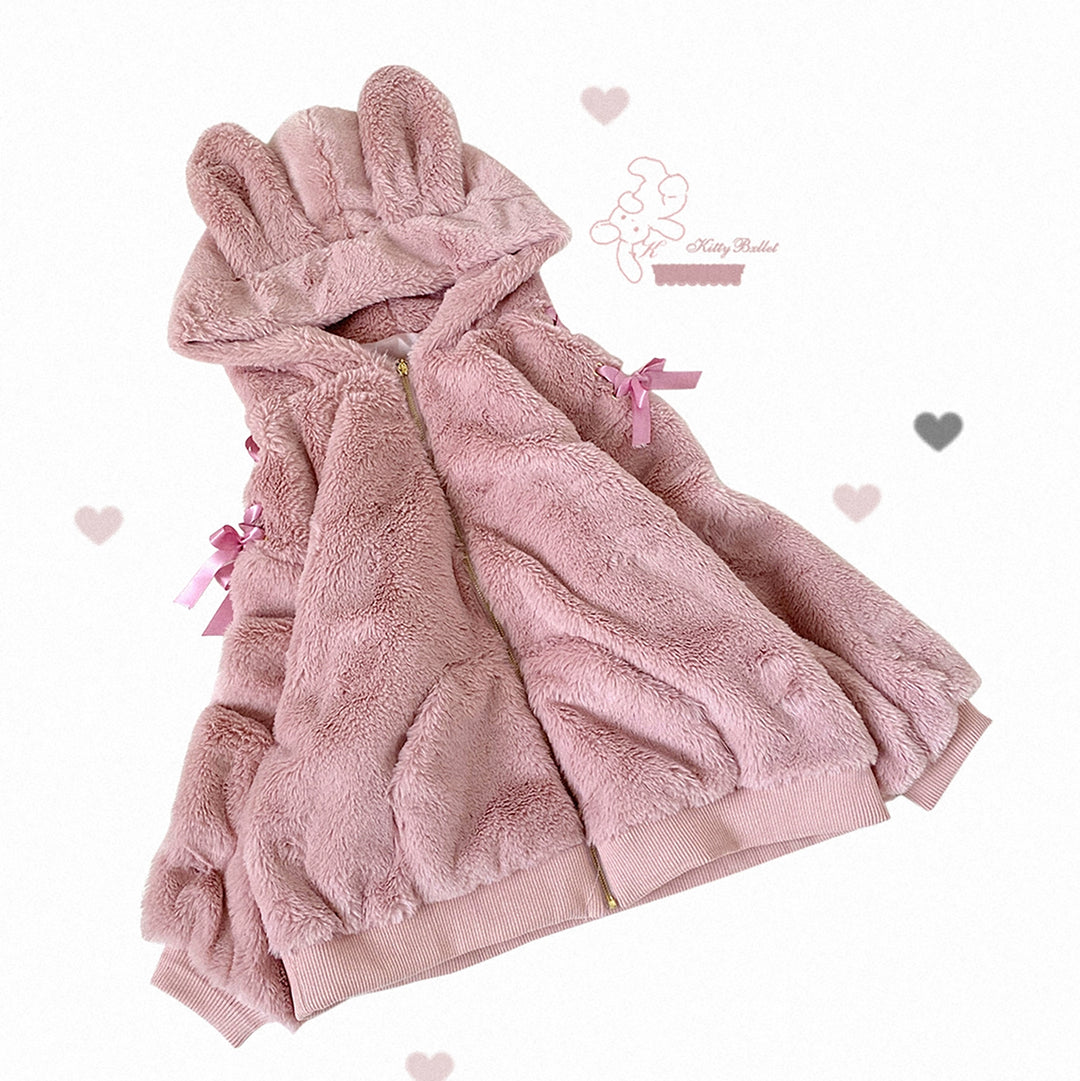 Jirai Kei Winter Coat Bunny Ear Hooded Coat Plush Jacket (Pink) 40402:666850