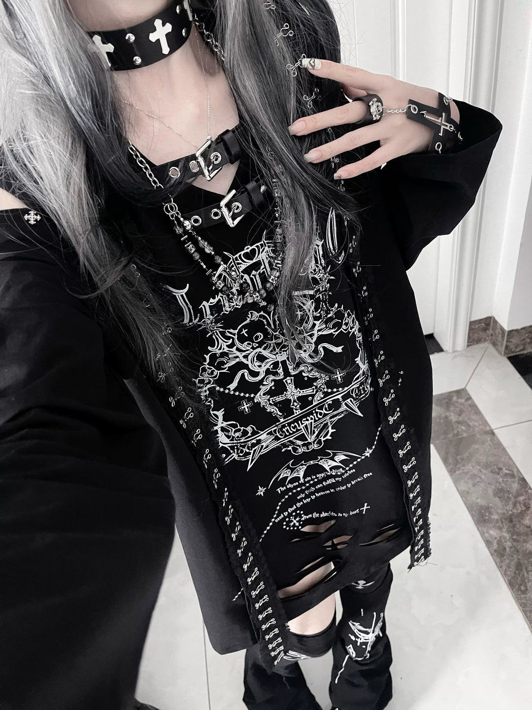 Subculture Long-Sleeved T-shirt, Belted Neck 44563:816464