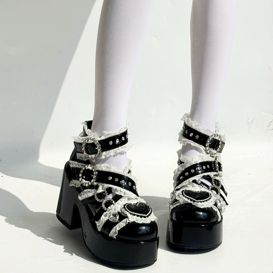 Jirai Kei High-Heeled Platform Shoes, Ruffled Lace (Black / 35 36 37 38 39 40) 43868:790826