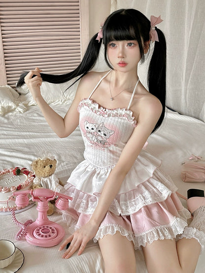Ryousangata Skirt Set Pink Cardigan White Straps Top 37008:548378