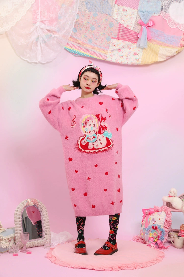 Kawaii Pink Sweater Dress Fluffy Dress With Heart Cat Patterns 31508:367810 31508:367810