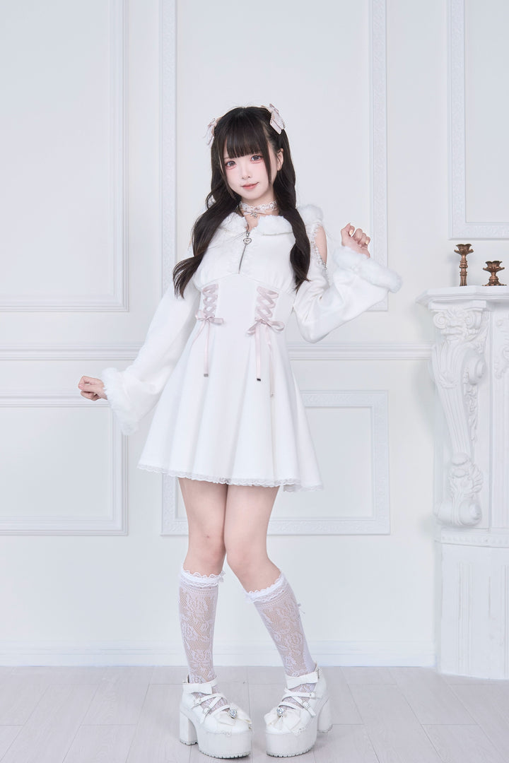 Open-Shoulder Jirai Kei Dress, Oversized Hood 43940:789813