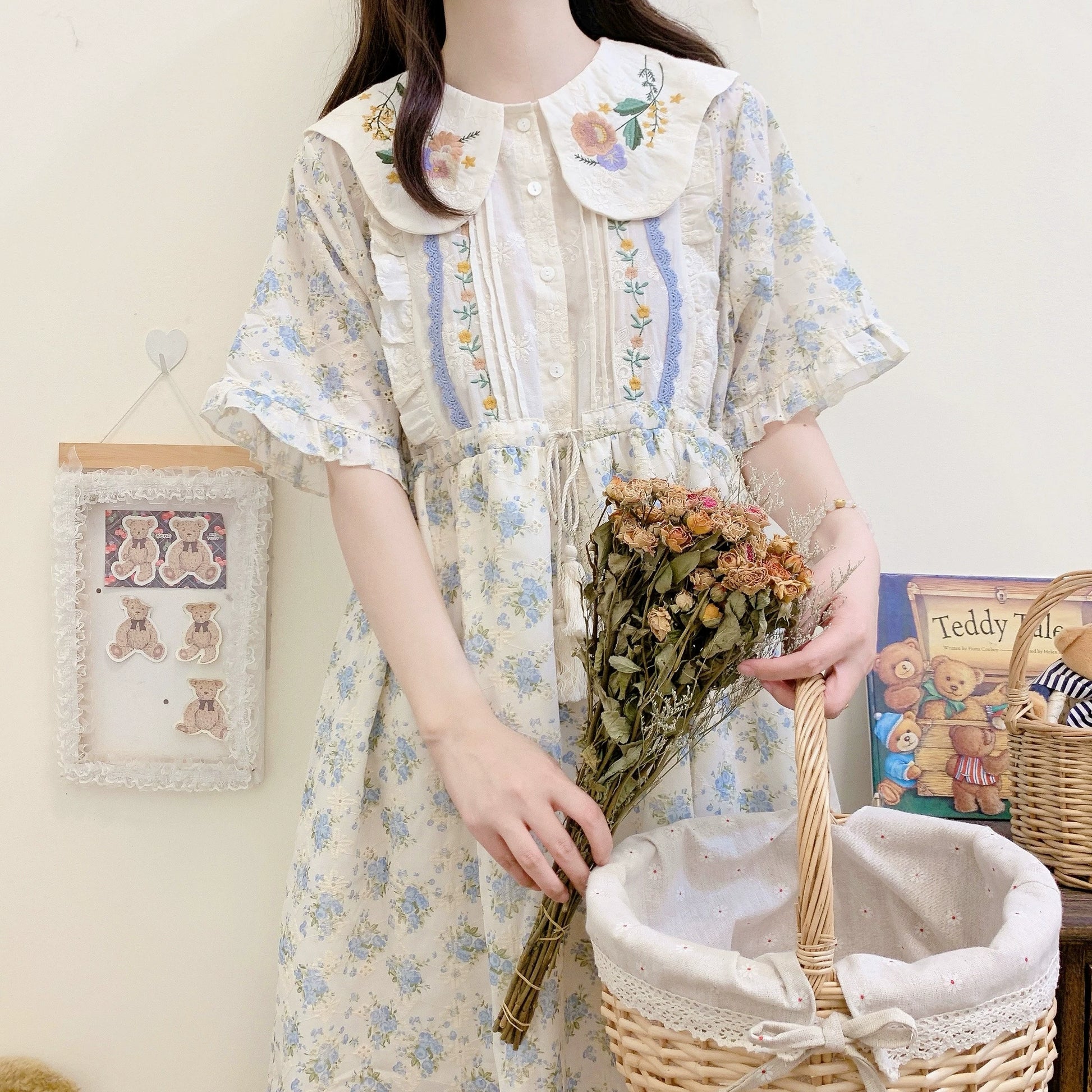 Cottagecore Dress Mori Kei Dress Blue Floral Dress 36236:526694